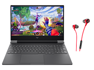 HP Victus 15.6 inch Gaming Laptop 15-fa2716TX, Black + HyperX Cloud Earbuds II RED Gaming Earbuds with Mic - 15.6" - Mica silver, black chrome logo (B7WA6PA-BN)