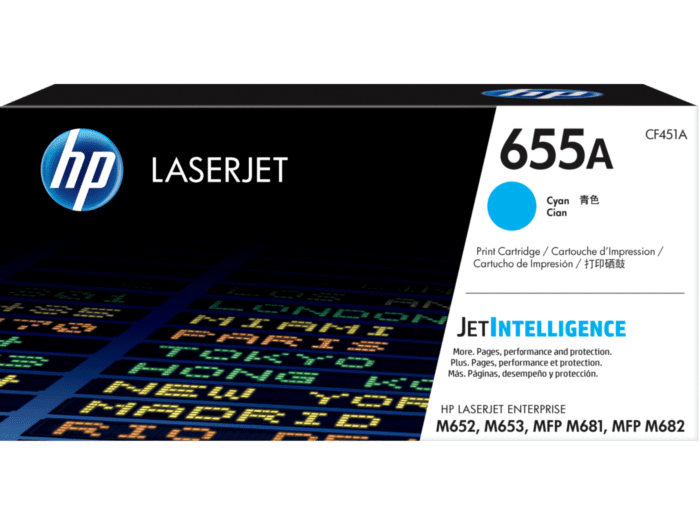 HP 655A Cyan Original LaserJet Toner Cartridge (CF451A) - Center facing